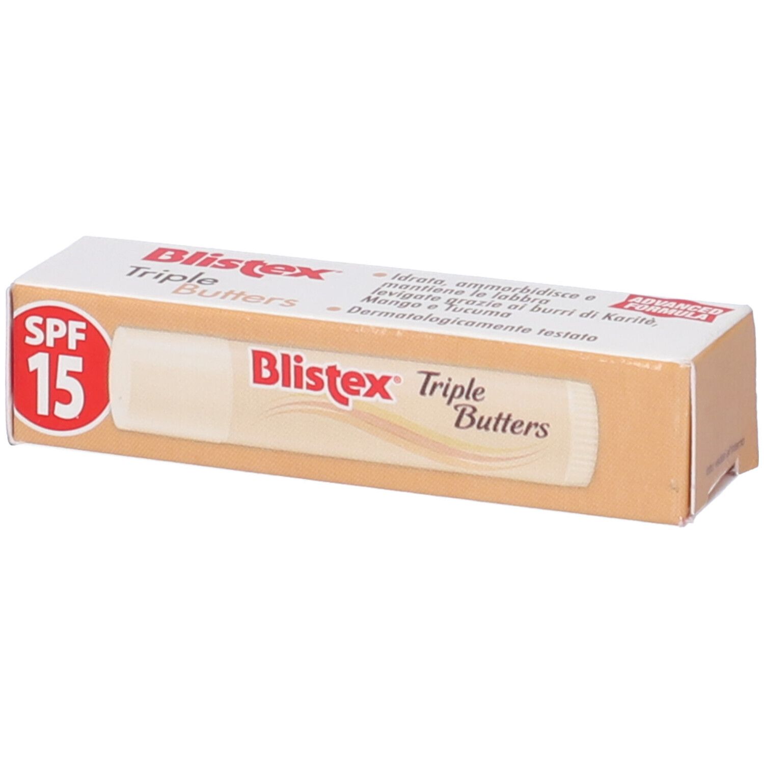 Confezione con stick per labbra e SPF 15. Nome del prodotto e SPF ben visibili.