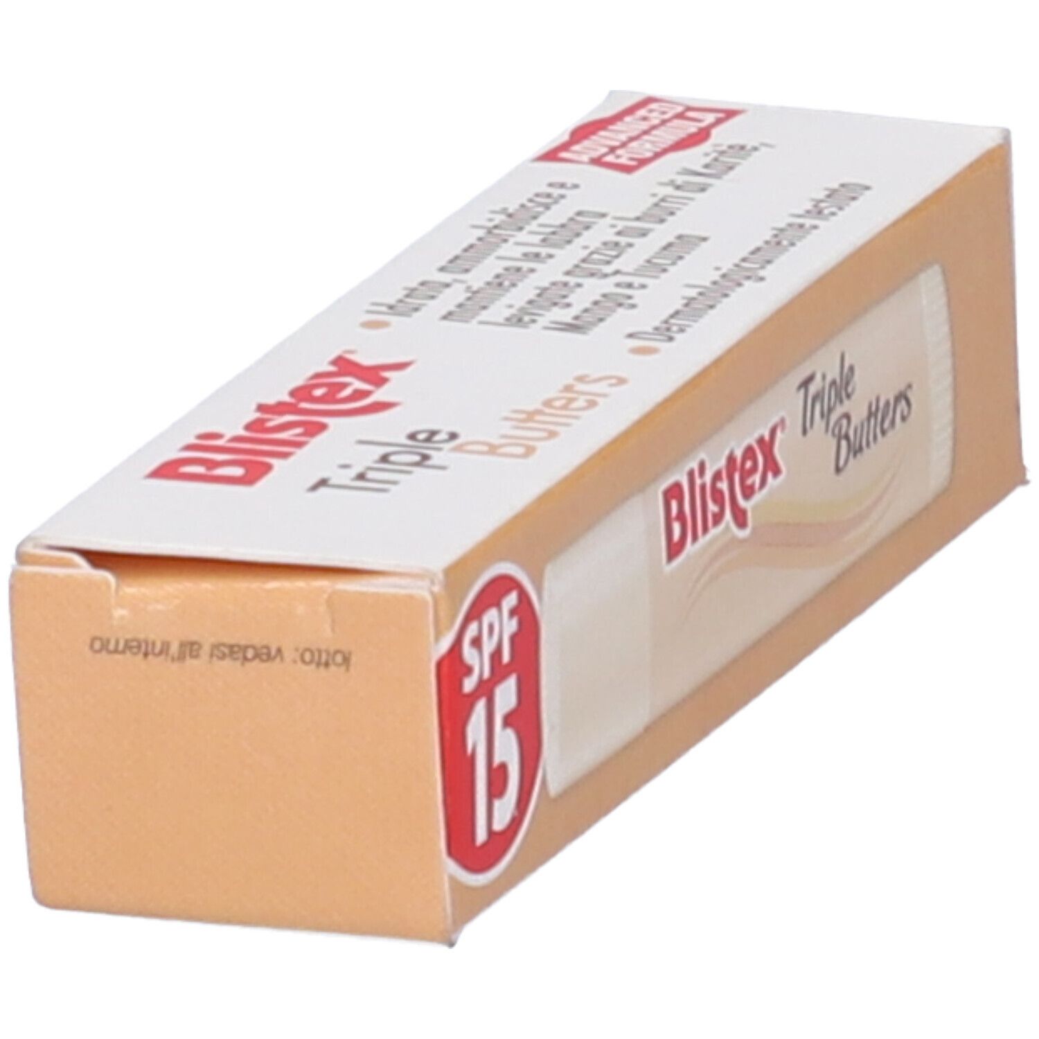 Confezione con stick per labbra. Nome del prodotto e SPF 15 ben visibili.