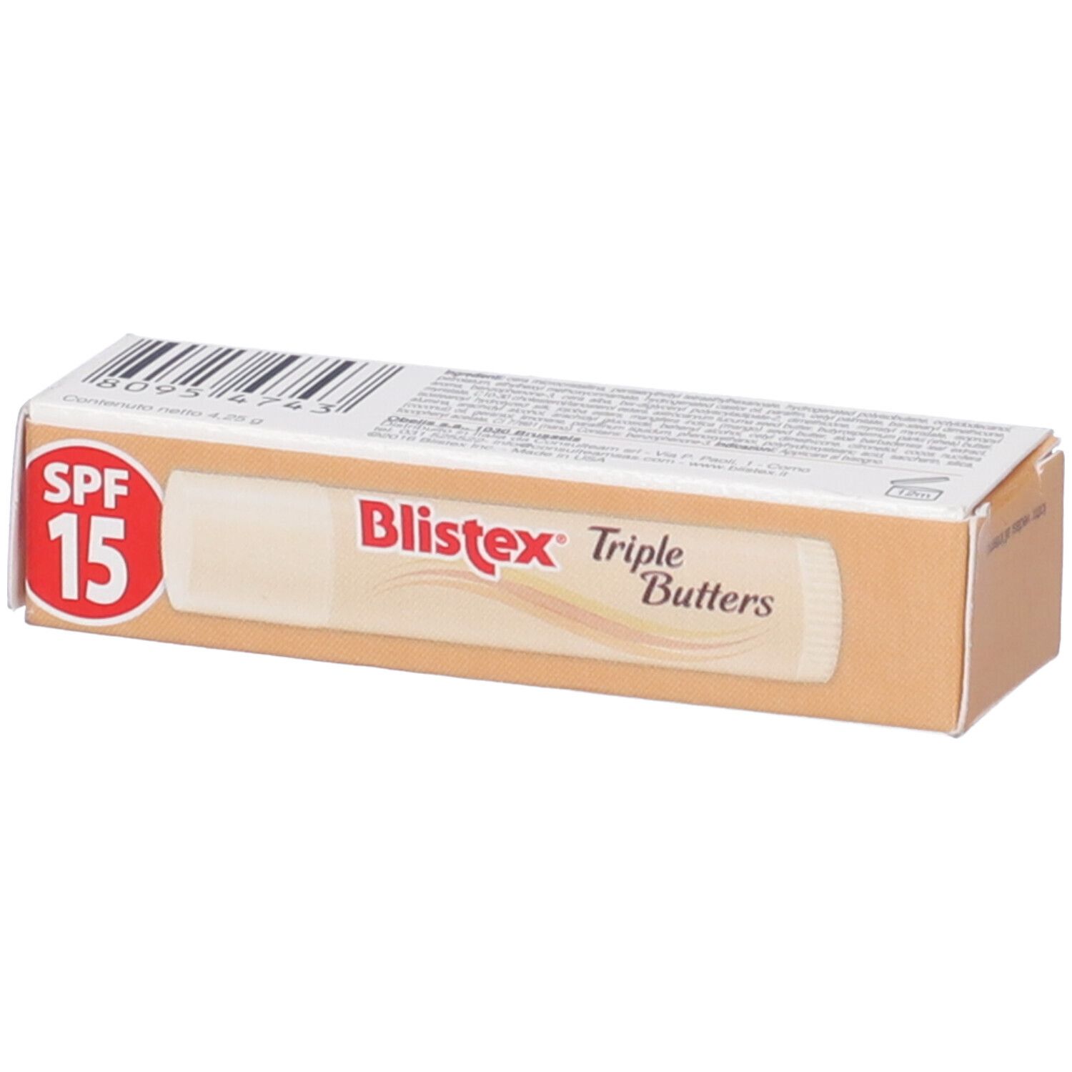 Confezione con stick per labbra. Nome del prodotto e SPF 15 ben visibili.