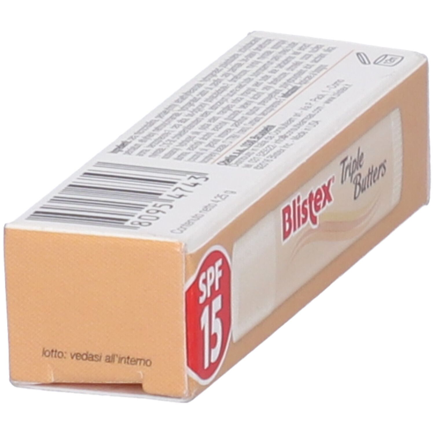 Confezione con stick per labbra. Nome del prodotto e SPF 15 ben visibili.