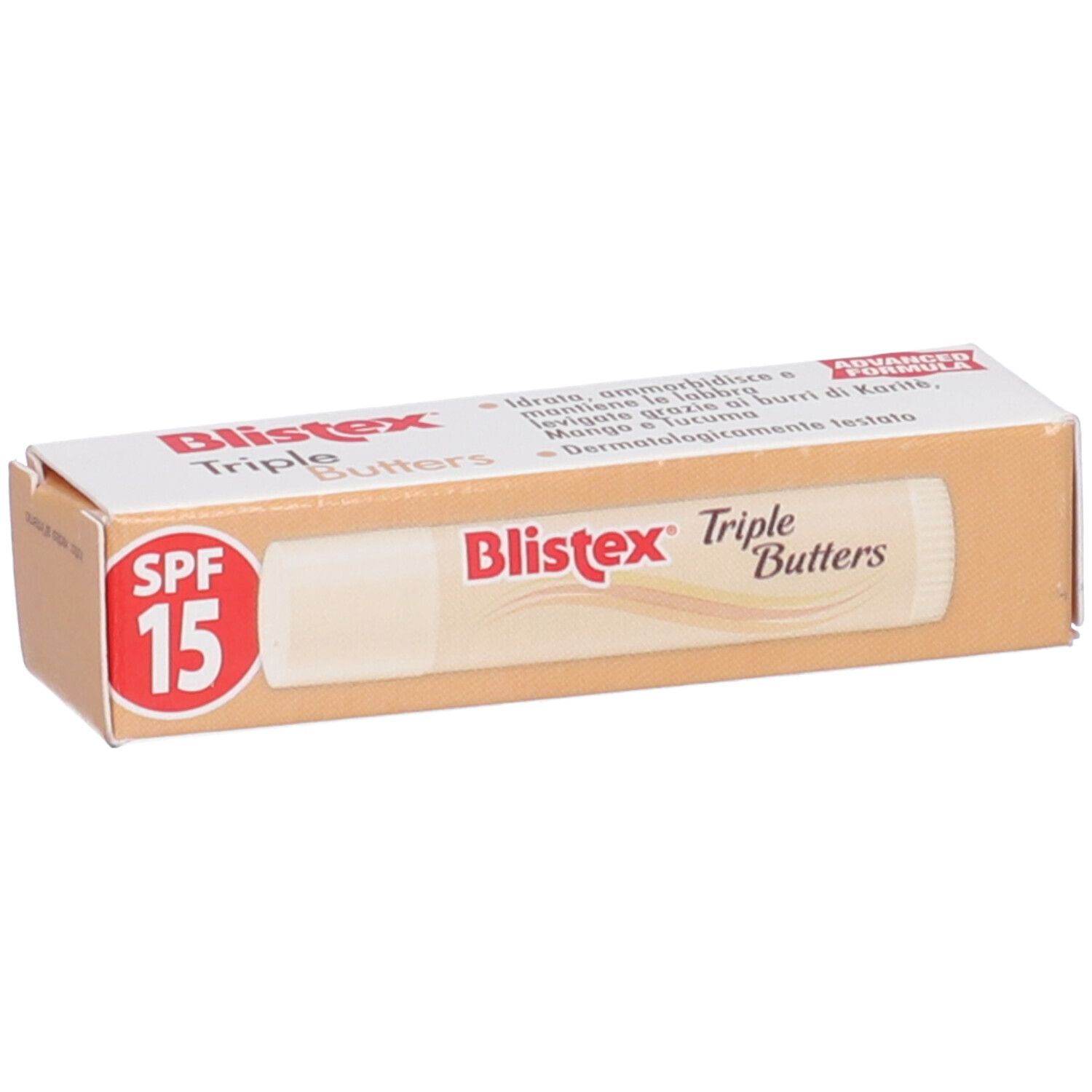Stick per labbra con SPF 15 in confezione. Nome del prodotto e SPF ben visibili.