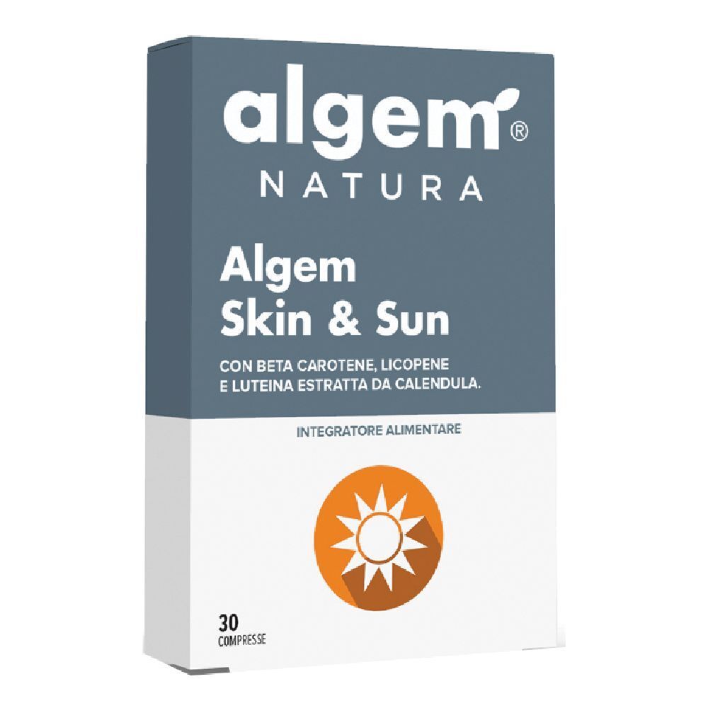 Scatola Algem Skin & Sun. Contiene 30 compresse. Logo sole arancione.