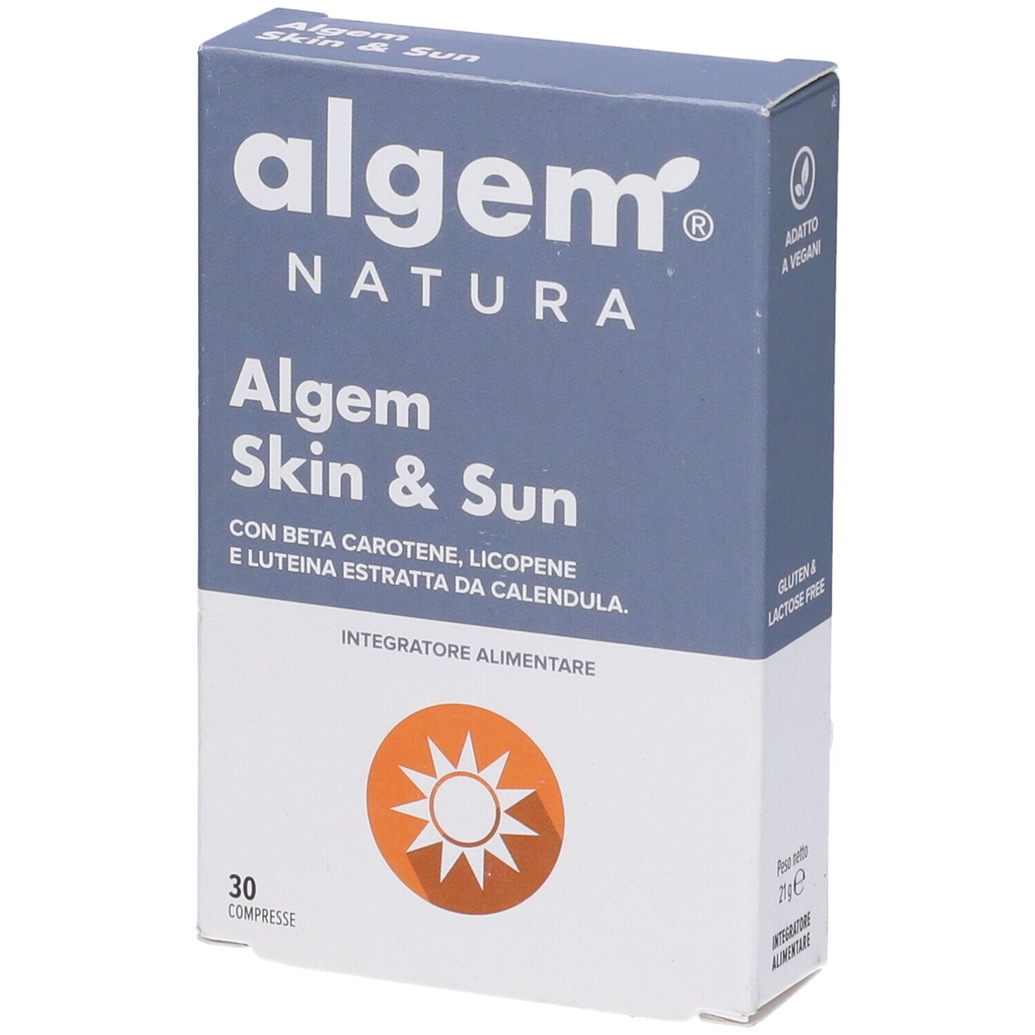 Scatola Algem Skin & Sun. 30 compresse. Sigilli vegano e senza glutine.