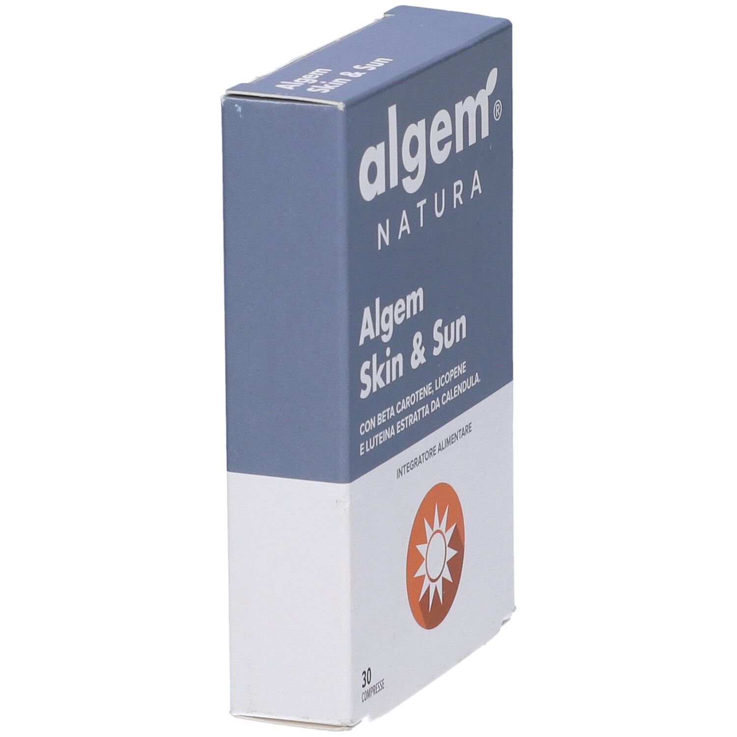 Scatola Algem Skin & Sun, vista laterale. Contiene 30 compresse.