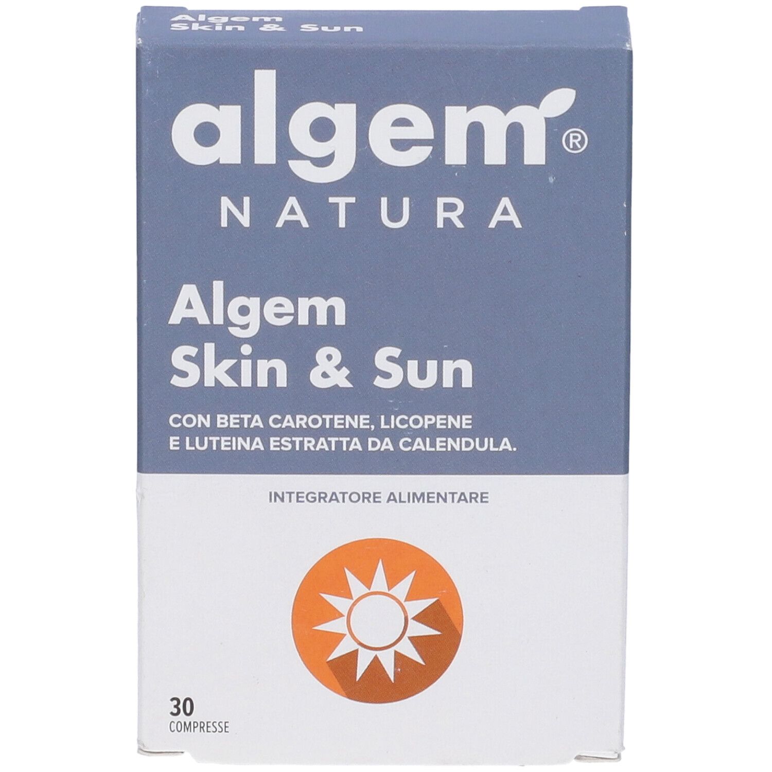 Scatola Algem Skin & Sun. Contiene 30 compresse. Logo sole arancione.