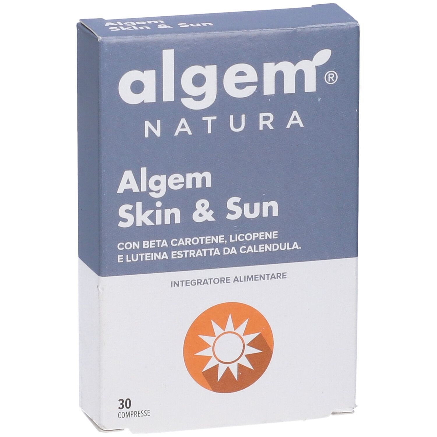 Scatola Algem Skin & Sun. Contiene 30 compresse. Logo sole arancione.