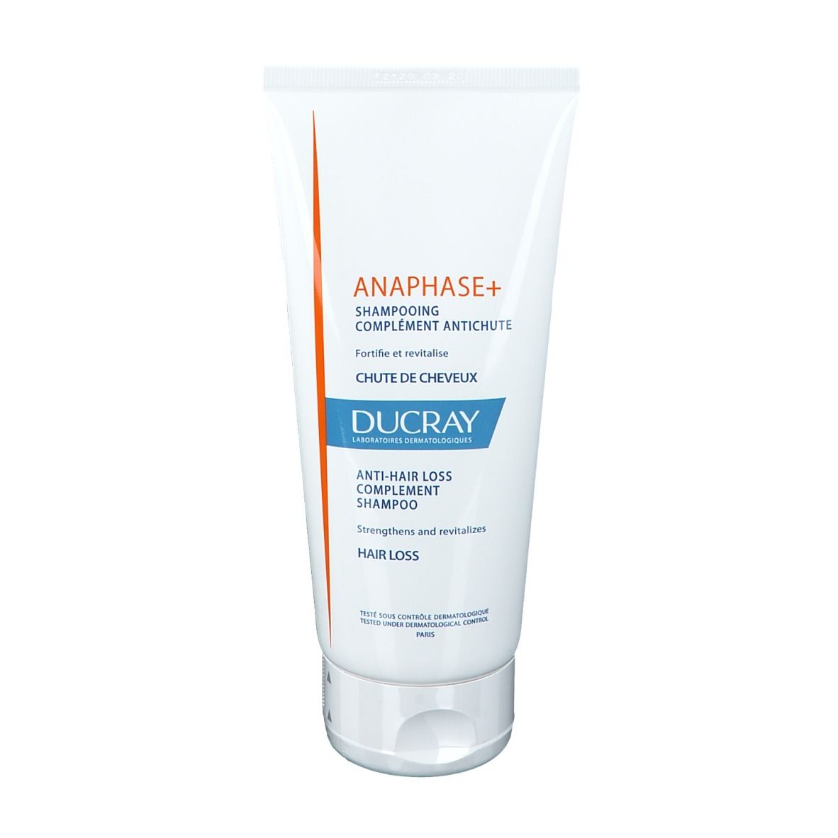 Tube blanc avec accents orange. Texte: ANAPHASE+ Shampooing, Ducray. Shampooing antichute.