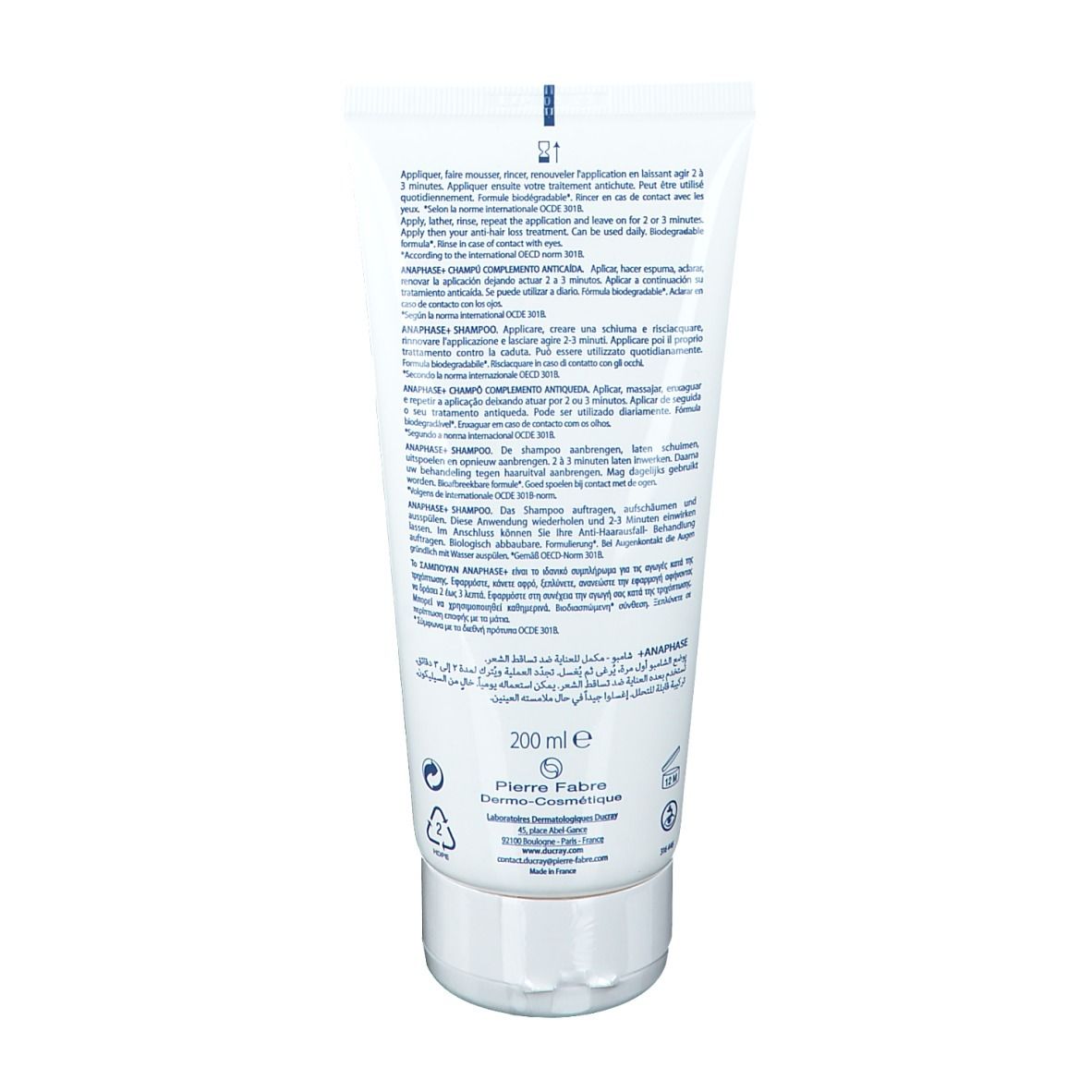 Dos d'un tube blanc. Texte: Mode d'emploi, 200 ml. Pierre Fabre Dermo-Cosmétique.