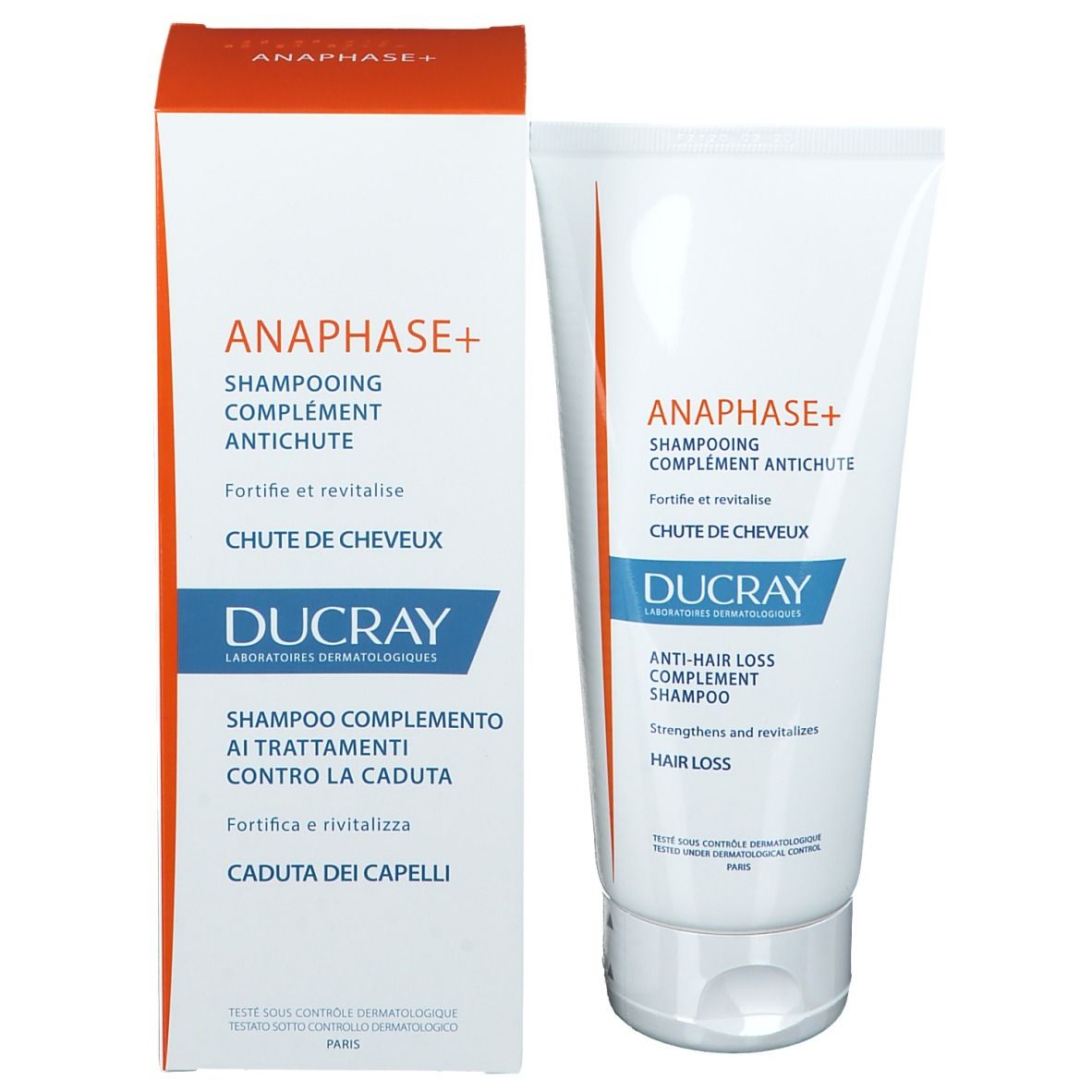 Boîte et tube. Boîte: ANAPHASE+ Shampooing, Ducray. Tube: ANAPHASE+ Shampooing, Ducray.