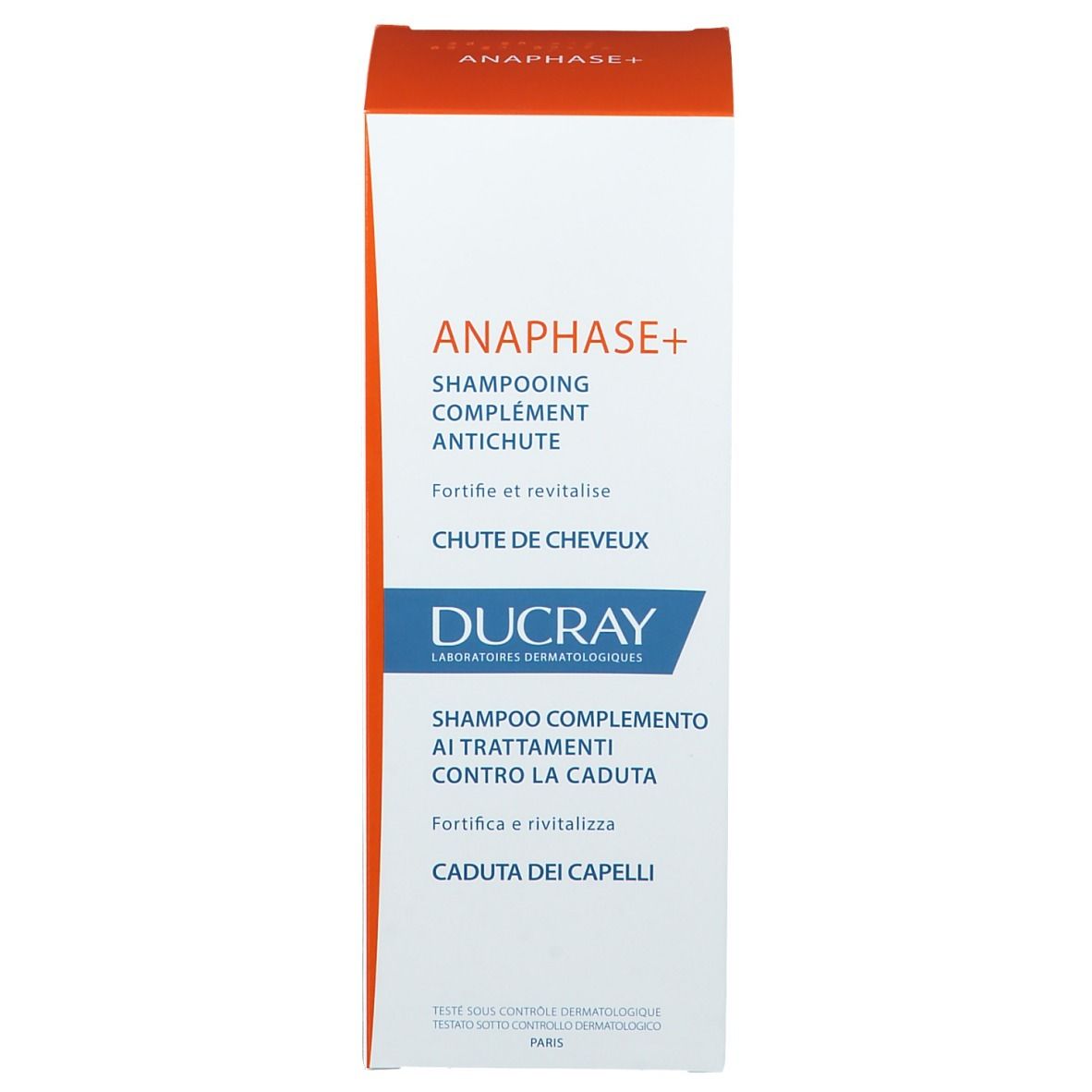 Boîte. Texte: ANAPHASE+ Shampooing, Ducray. Shampooing complémentaire contre la chute des cheveux.