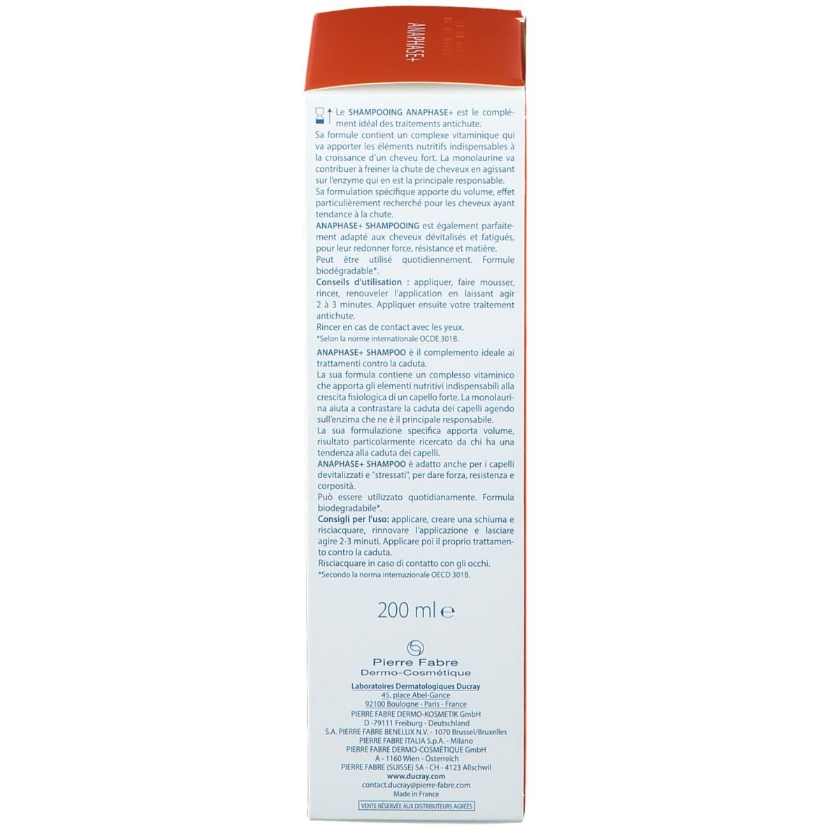 Boîte. Texte: ANAPHASE+ Shampooing, Ducray. Shampooing complémentaire contre la chute des cheveux.