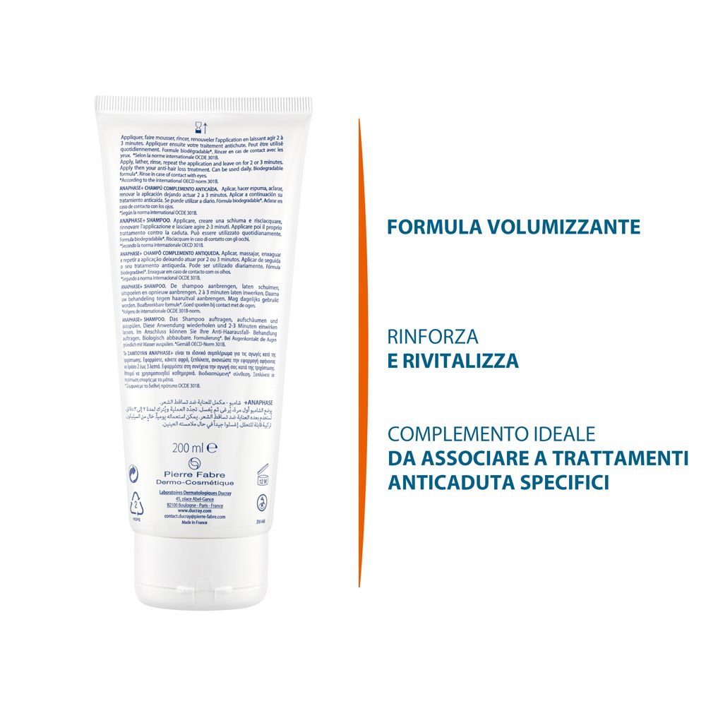 Dos d'un tube blanc. Texte: Formule volumisante, renforce et revitalise. 200 ml.