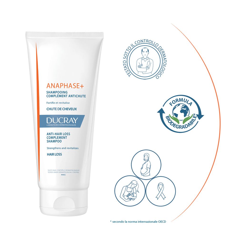 Tube blanc avec logos. Texte: ANAPHASE+ Shampooing, Ducray. Testé dermatologiquement. Biodégradable.
