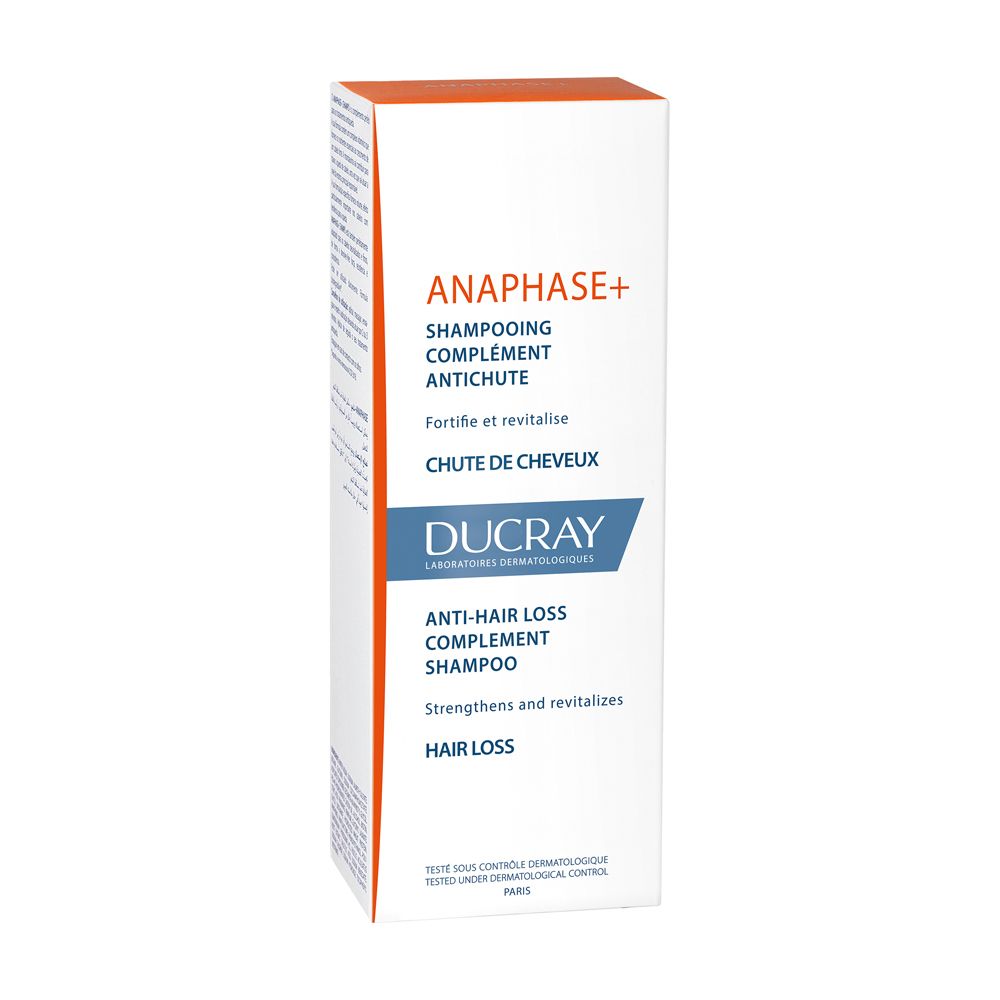 Boîte blanche avec couvercle orange. Texte: ANAPHASE+ Shampooing, Ducray. Shampooing antichute.