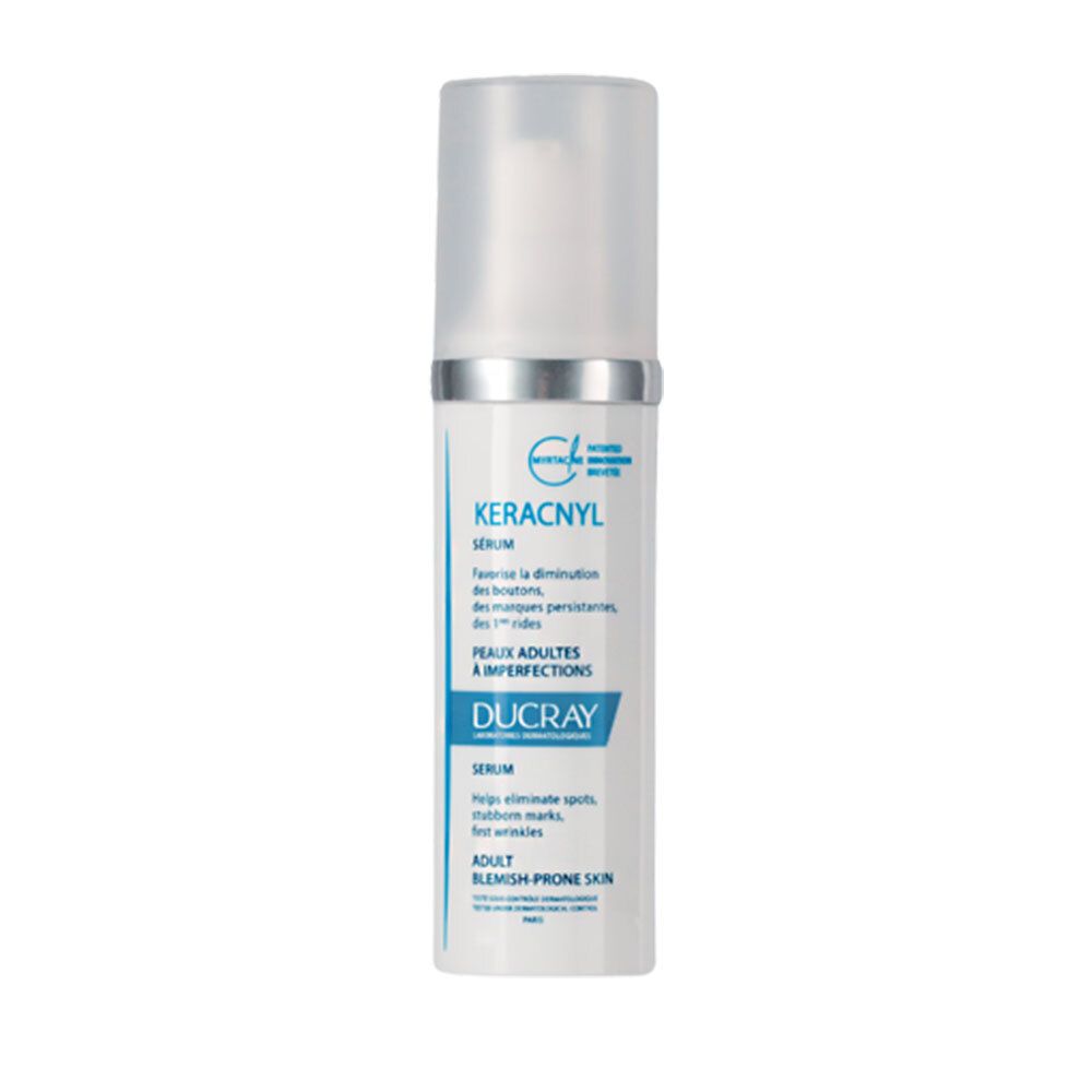 Ducray Keracnyl Serum Flasche. Weiß, mit Dosierkopf. Beschriftung: Keracnyl, Serum, Ducray. Für unreine Haut.