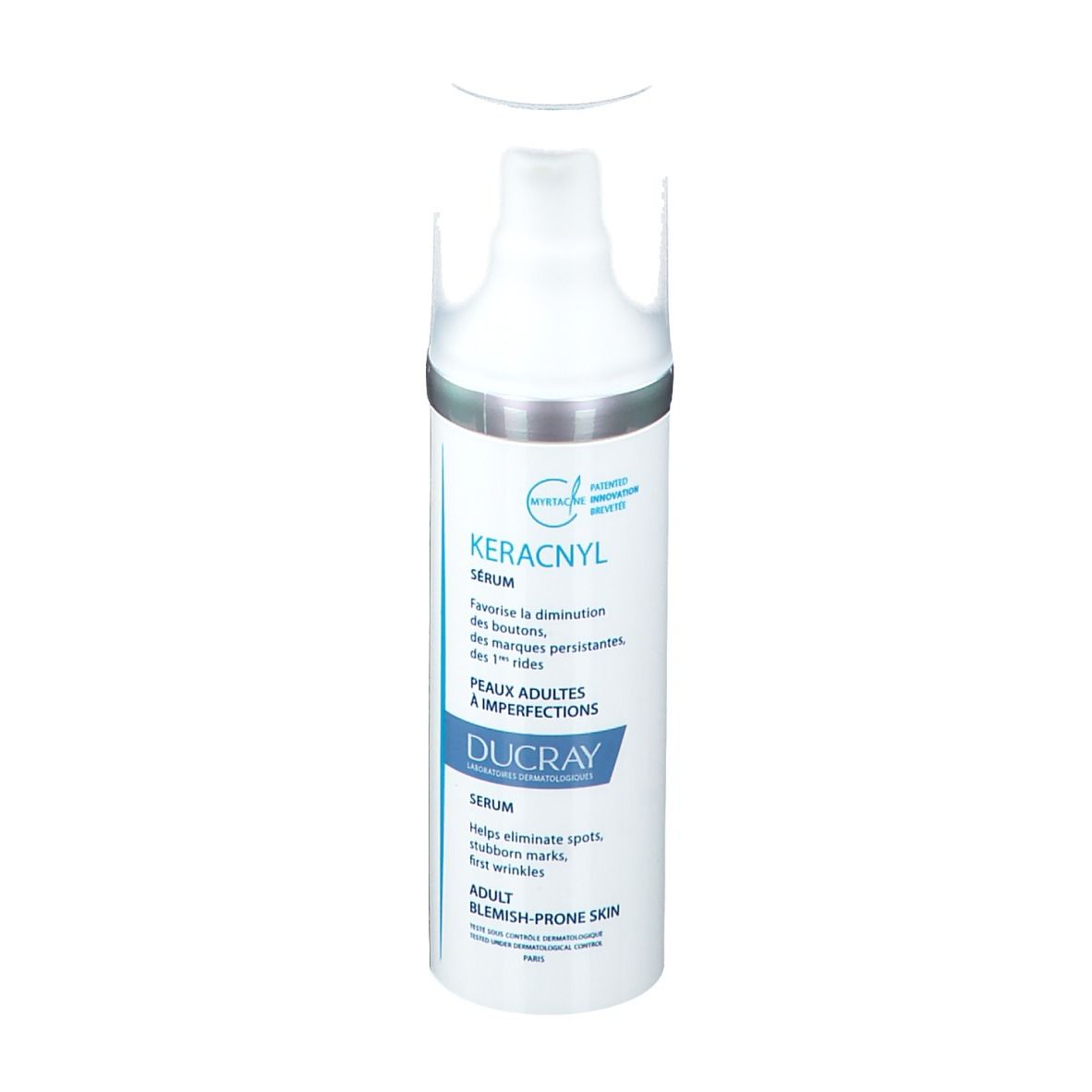 Ducray Keracnyl Serum Flasche. Weiß, mit Dosierkopf. Beschriftung: Keracnyl, Serum, Ducray. Für unreine Haut.