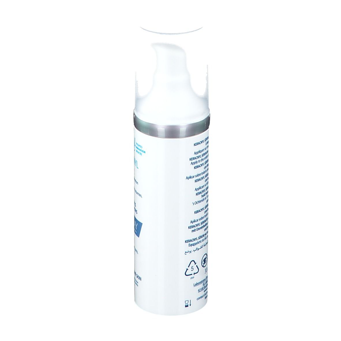 Ducray Keracnyl Serum Flasche. Seitenansicht. Beschriftung: Keracnyl, Ducray. Für unreine Haut. Mit Dosierkopf.