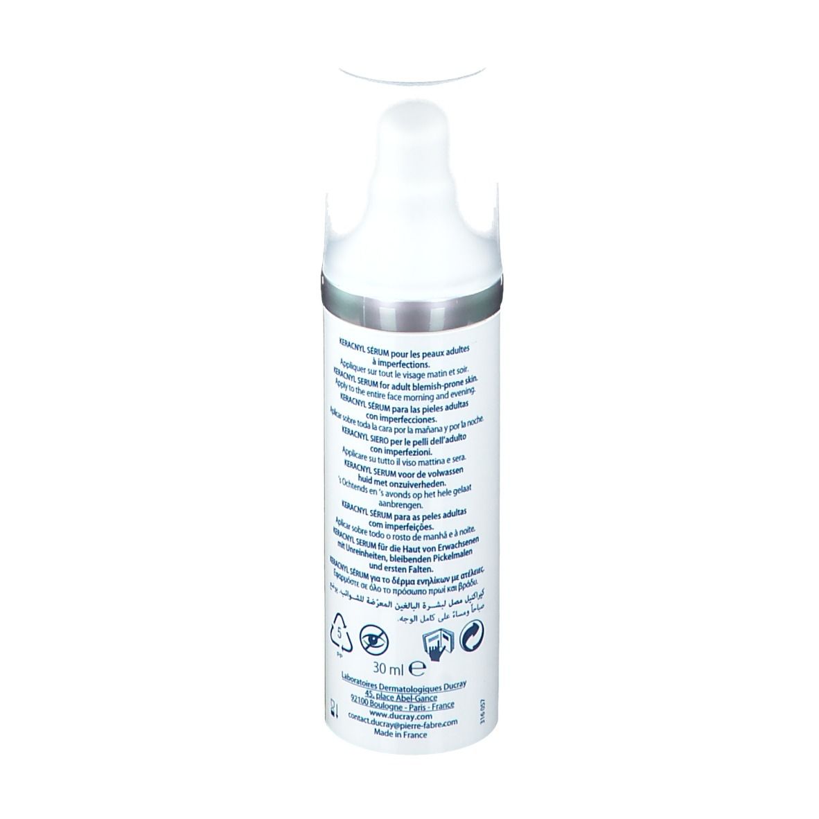 Ducray Keracnyl Serum Flasche. Seitenansicht. Beschriftung: Keracnyl, Ducray. Für unreine Haut. Mit Dosierkopf.