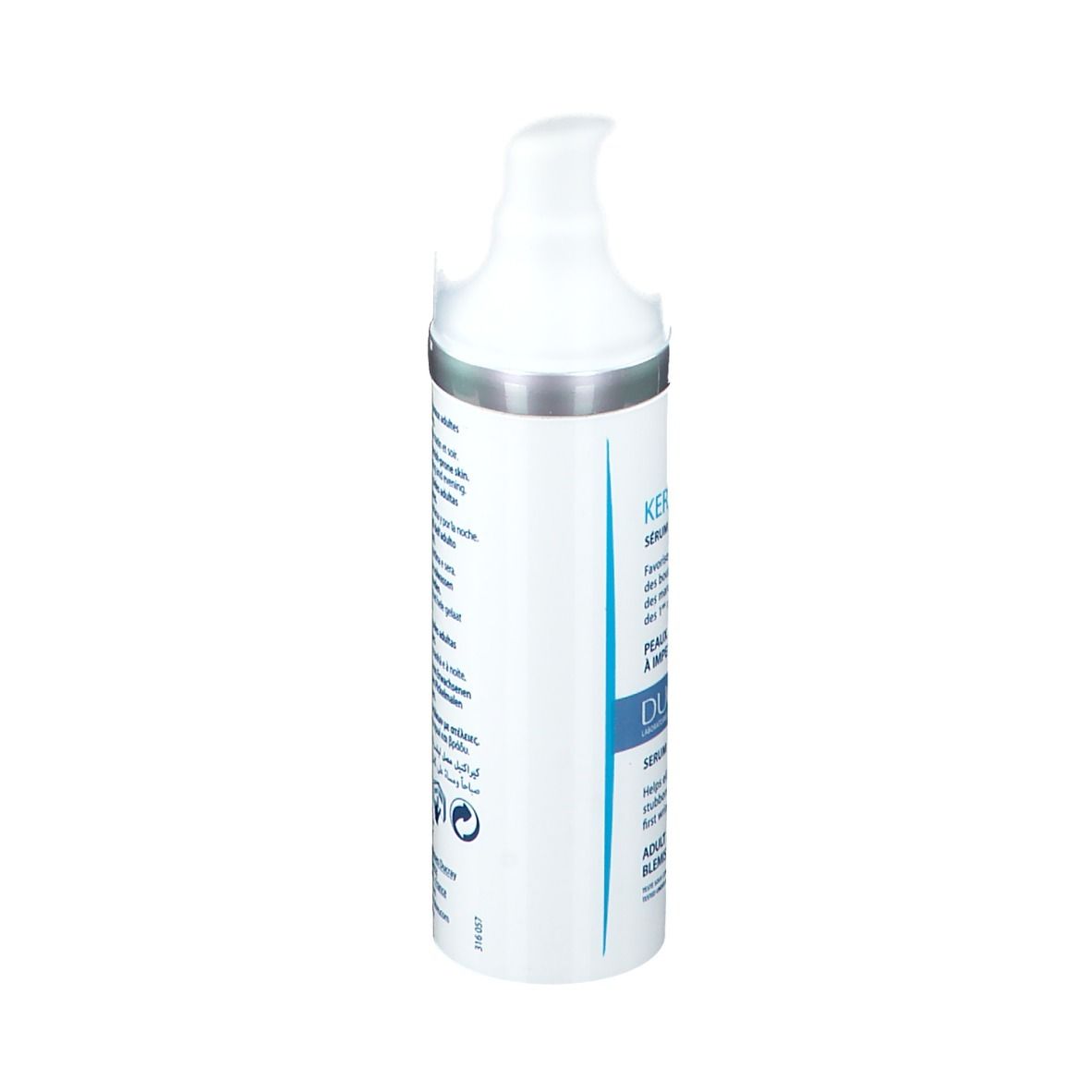 Ducray Keracnyl Serum Flasche. Weiß, mit Dosierkopf. Beschriftung: Keracnyl, Serum, Ducray. Für unreine Haut.