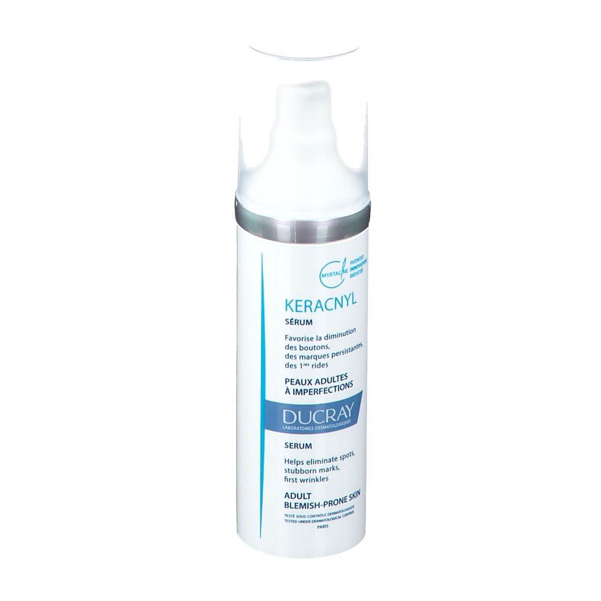 Ducray Keracnyl Serum Flasche. Weiß, mit Dosierkopf. Beschriftung: Keracnyl, Serum, Ducray. Für unreine Haut.