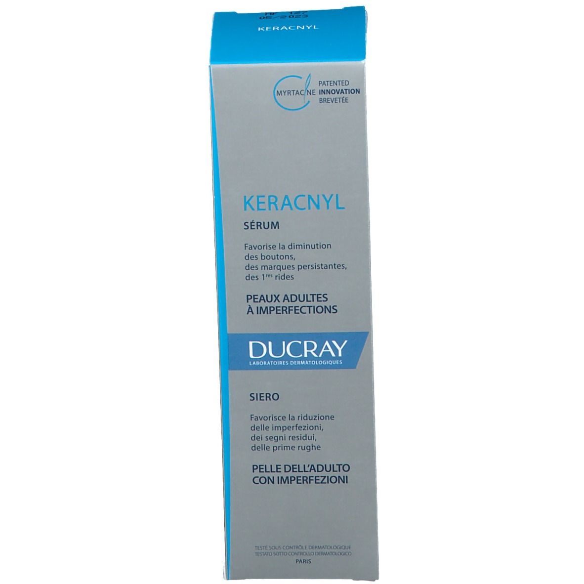 Ducray Keracnyl Serum und Verpackung. Flasche und Schachtel. Beschriftung: Keracnyl, Serum, Ducray. Für unreine Haut.