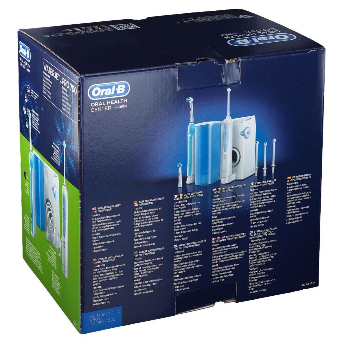 Rückseite der Verpackung des Oral-B Waterjet + Pro 700. Text und Produktabbildungen. Enthält Munddusche, Zahnbürste und Zubehör.