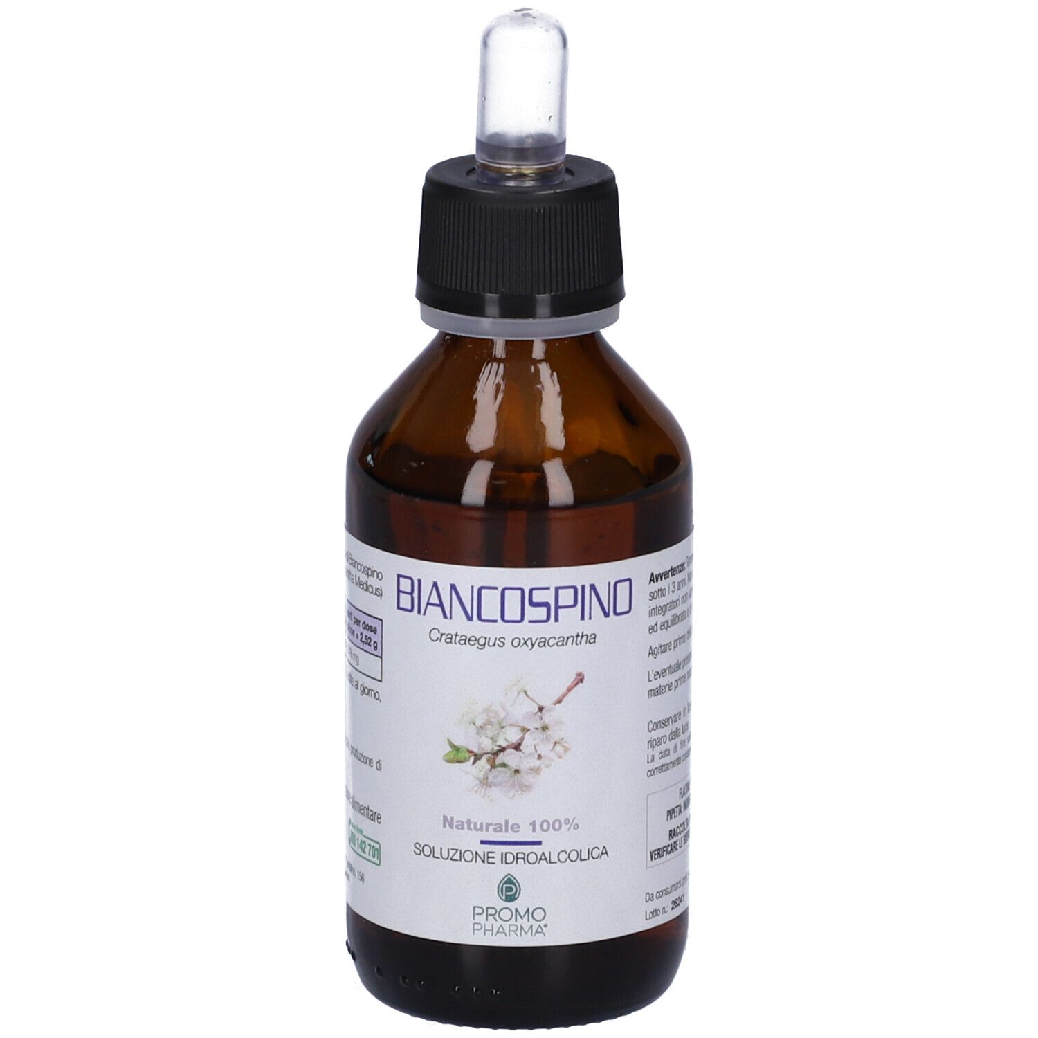 Flacone di vetro marrone con tappo nero e pipetta. Scritta: Biancospino, Soluzione Idroalcolica. Logo PromoPharma.