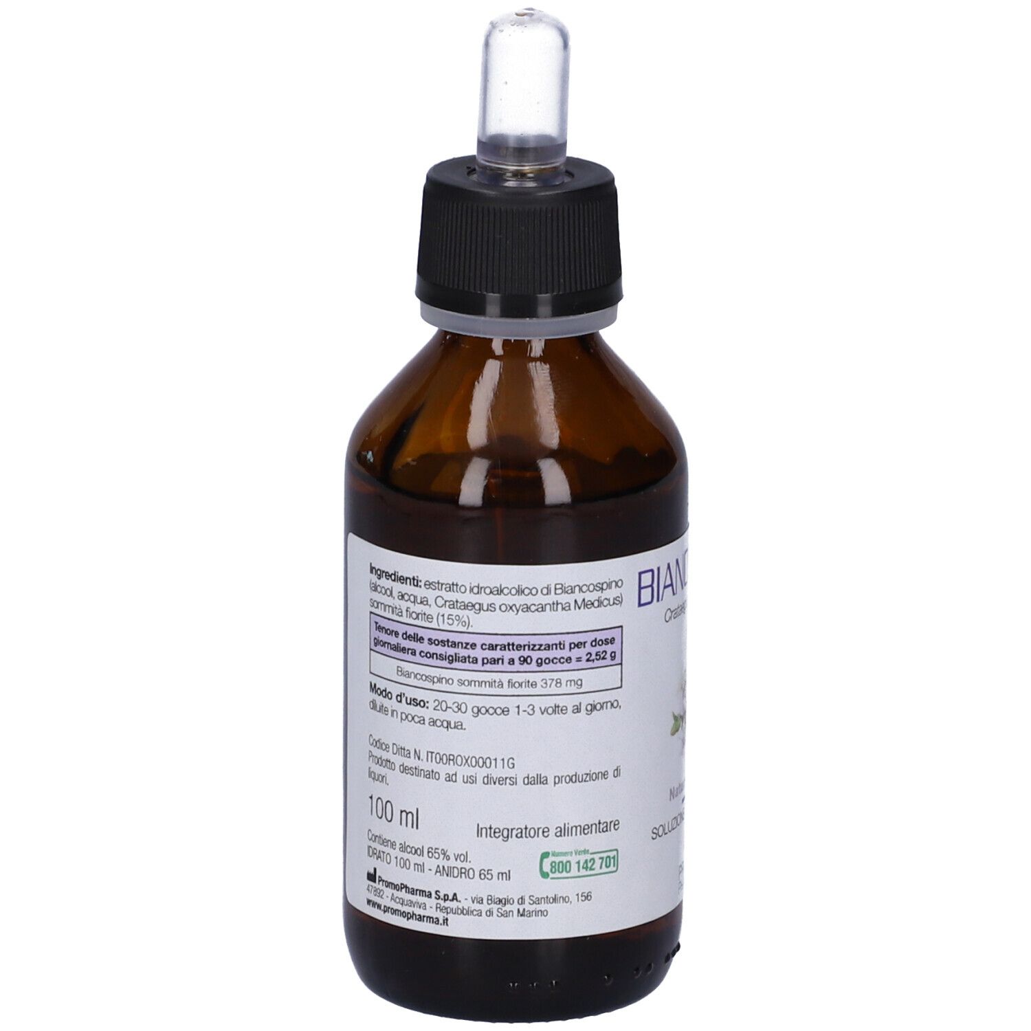 Flacone di vetro marrone con tappo nero e pipetta. Retro con informazioni sugli ingredienti e dosaggio. Scritta: 100 ml.