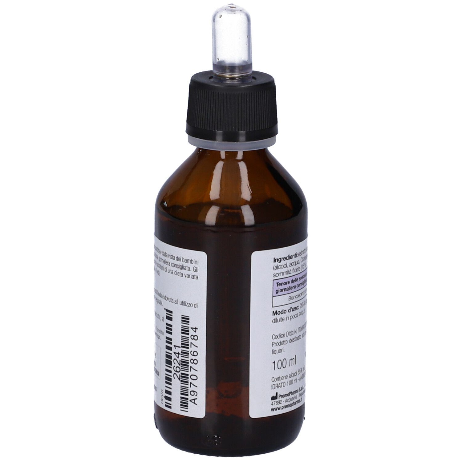 Flacone di vetro marrone con tappo nero e pipetta. Retro con testo e codice a barre. Scritta: 100 ml.