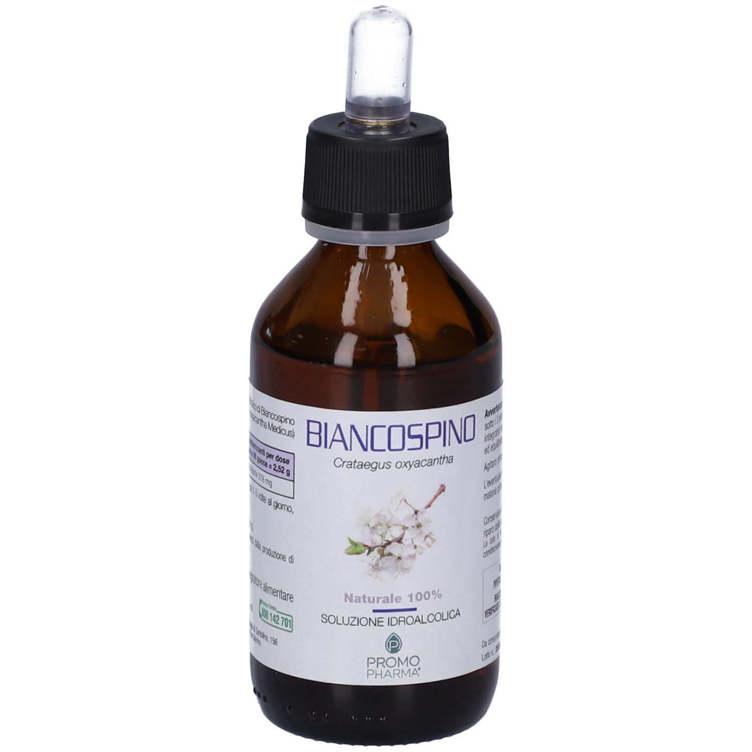 Flacone di vetro marrone con tappo nero e pipetta. Scritta: Biancospino, Soluzione Idroalcolica. Logo PromoPharma.
