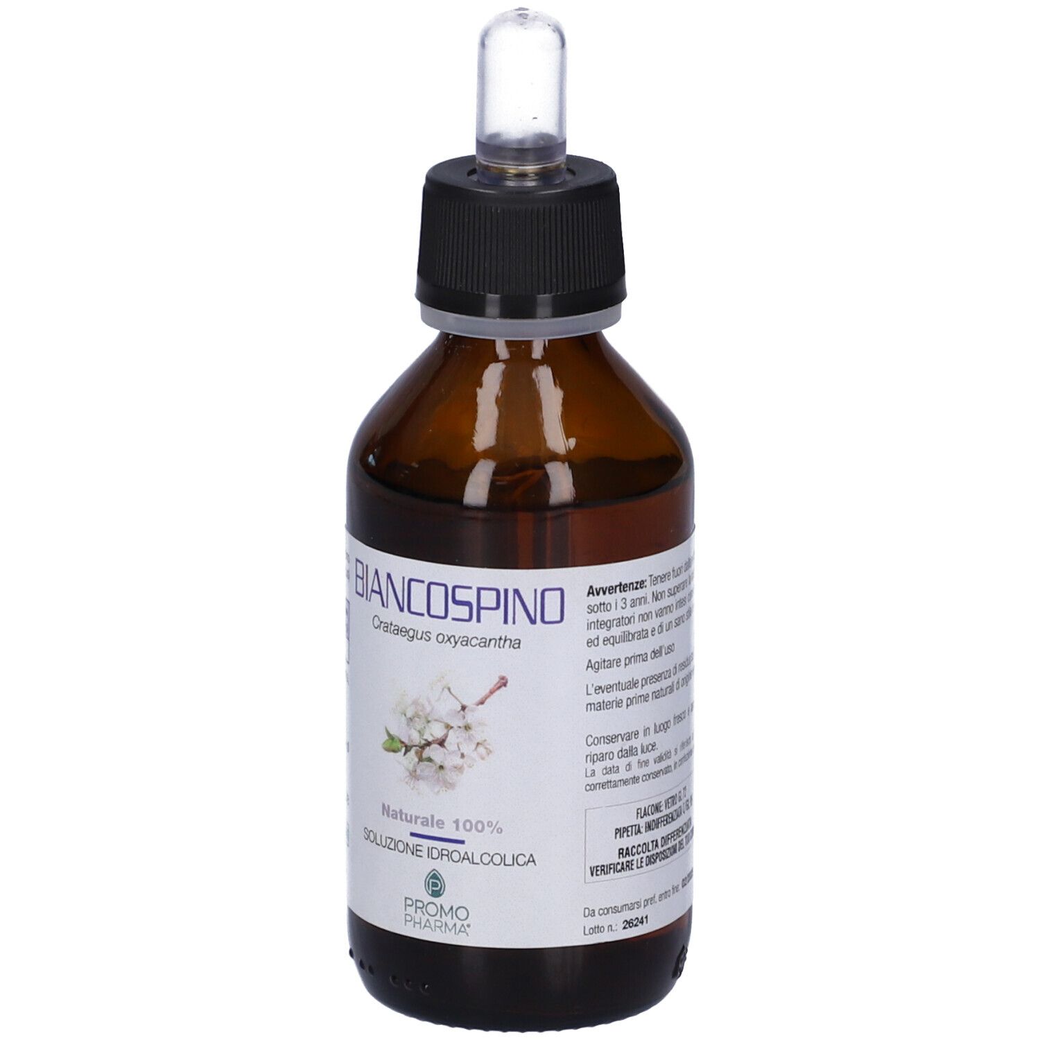 Flacone di vetro marrone con tappo nero e pipetta. Scritta: Biancospino, Soluzione Idroalcolica. Logo PromoPharma.