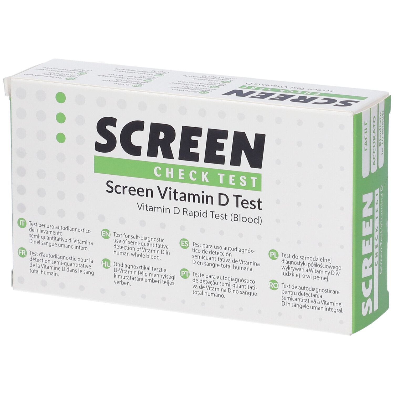 Verpackung des Screen Vitamin D Rapid Test (Blood). Weiß mit grünen Akzenten. Text in mehreren Sprachen.