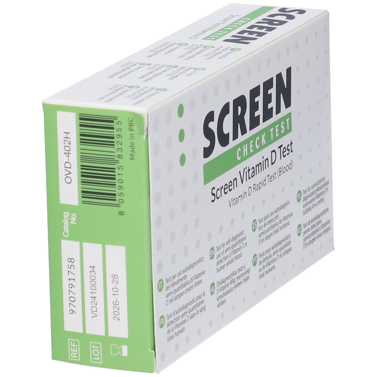 Schräg gestellte Verpackung des Screen Vitamin D Rapid Test (Blood). Weiß mit grünen Akzenten. Text.