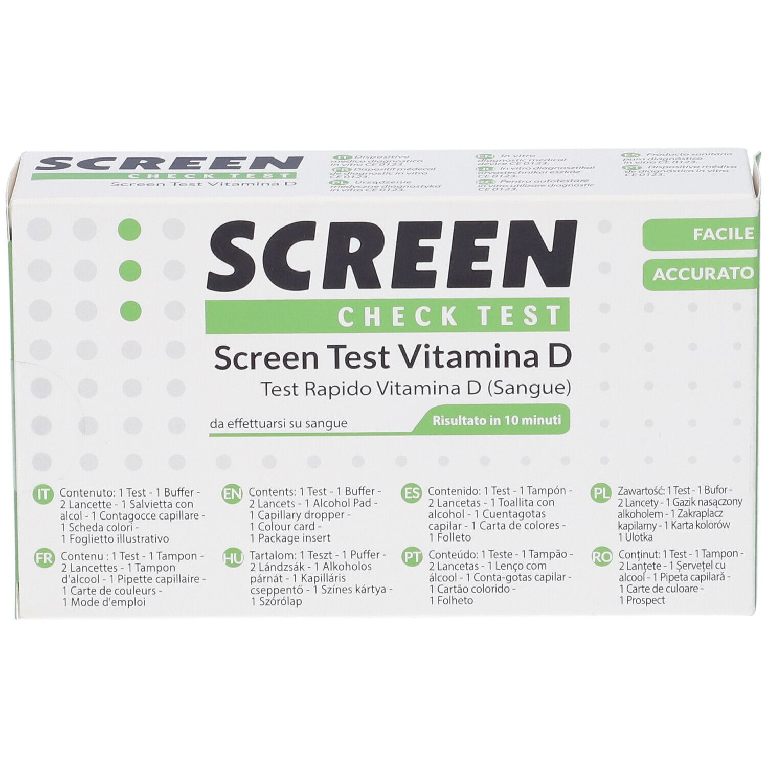 Verpackung des Screen Test Vitamin D. Weiß mit grünen Akzenten. Enthält Text in mehreren Sprachen.
