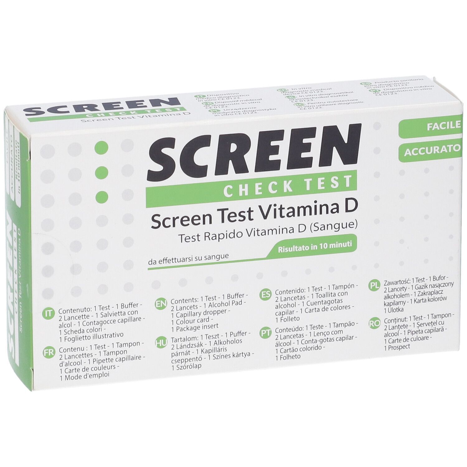 Verpackung des Screen Test Vitamin D. Weiß mit grünen Akzenten. Enthält Text in mehreren Sprachen.