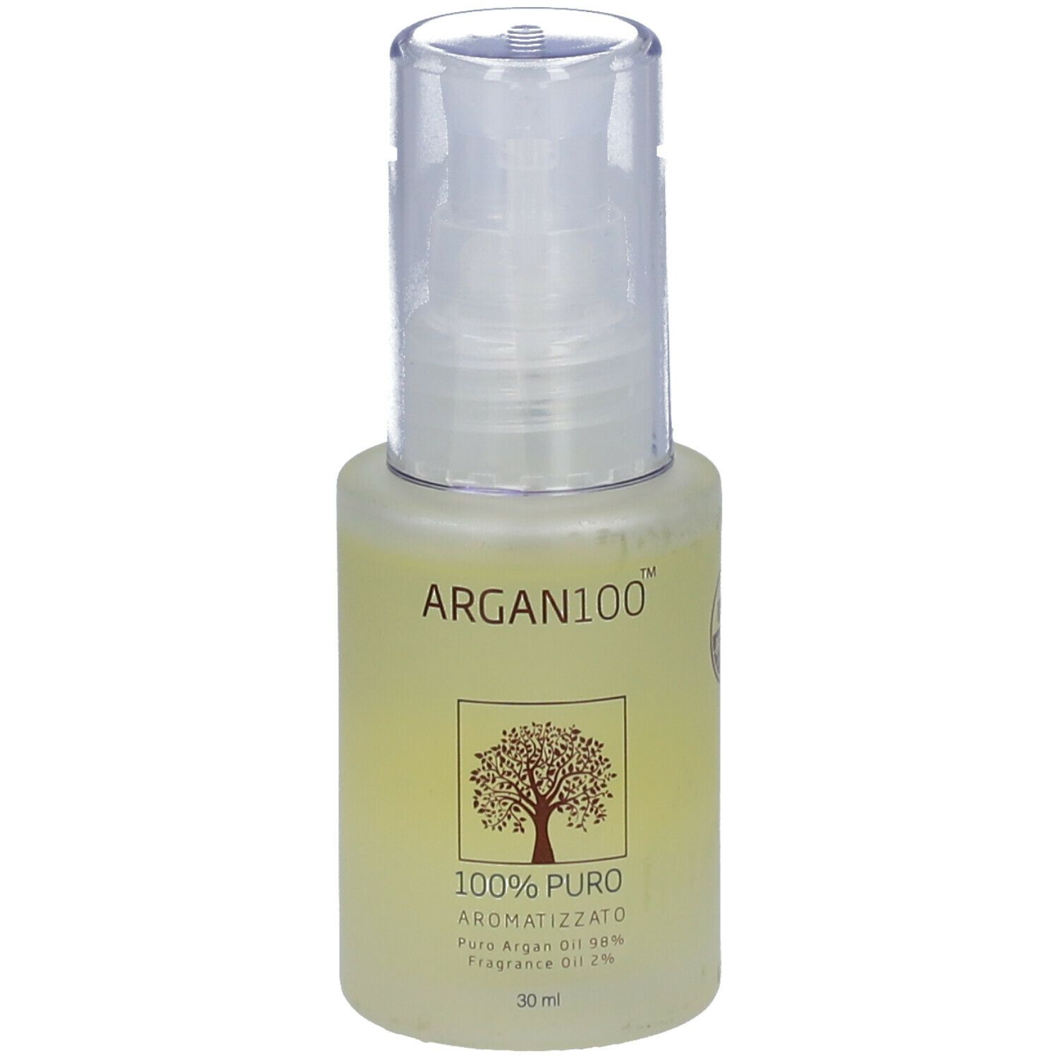 Flacone trasparente con erogatore a spruzzo. Scritta ARGAN100™, sotto 100% PURO. Logo albero. 30 ml.