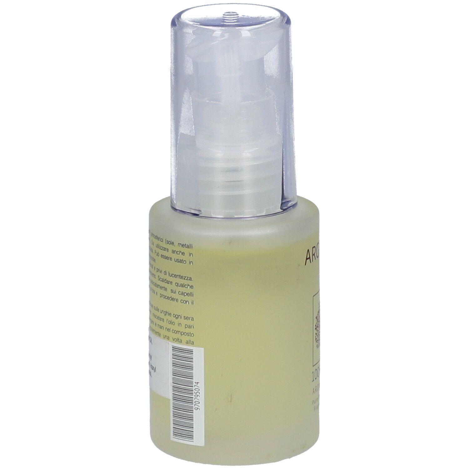 Retro del flacone. Etichetta con testo. Scritta ARGAN100™. Codice a barre. Erogatore trasparente.