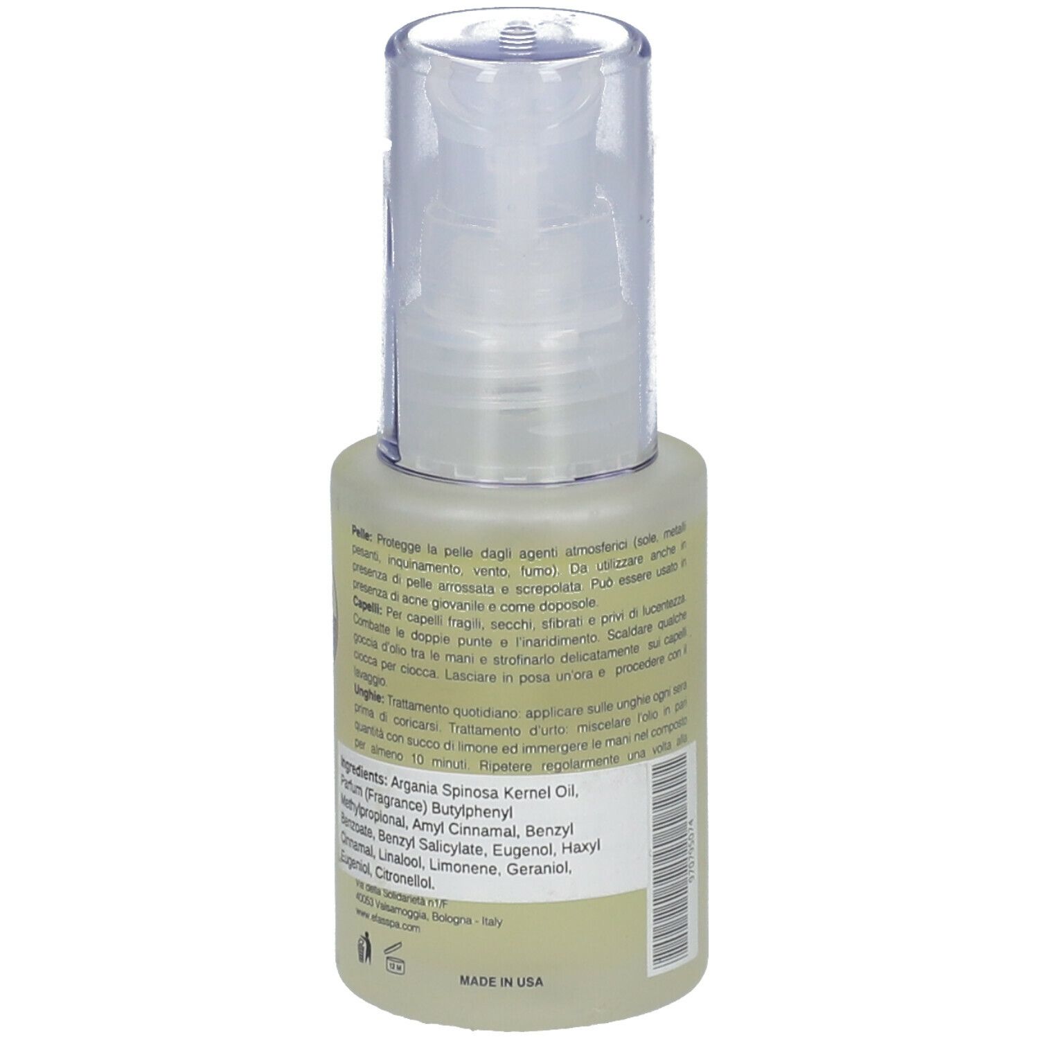 Retro del flacone. Etichetta con testo. Scritta ARGAN100™. Ingredienti. Erogatore trasparente.