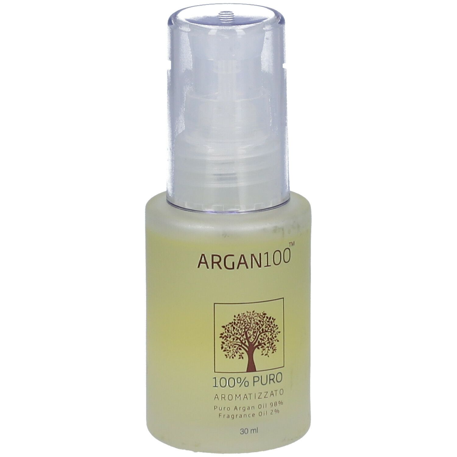 Flacone trasparente con erogatore a spruzzo. Scritta ARGAN100™, sotto 100% PURO. Logo albero. 30 ml.