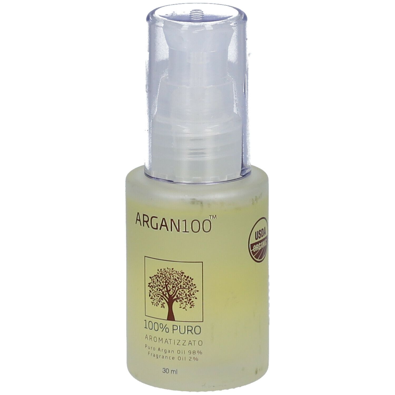 Flacone trasparente con erogatore a spruzzo. Scritta ARGAN100™, sotto 100% PURO. Logo albero. 30 ml. Sigillo USDA Organic.