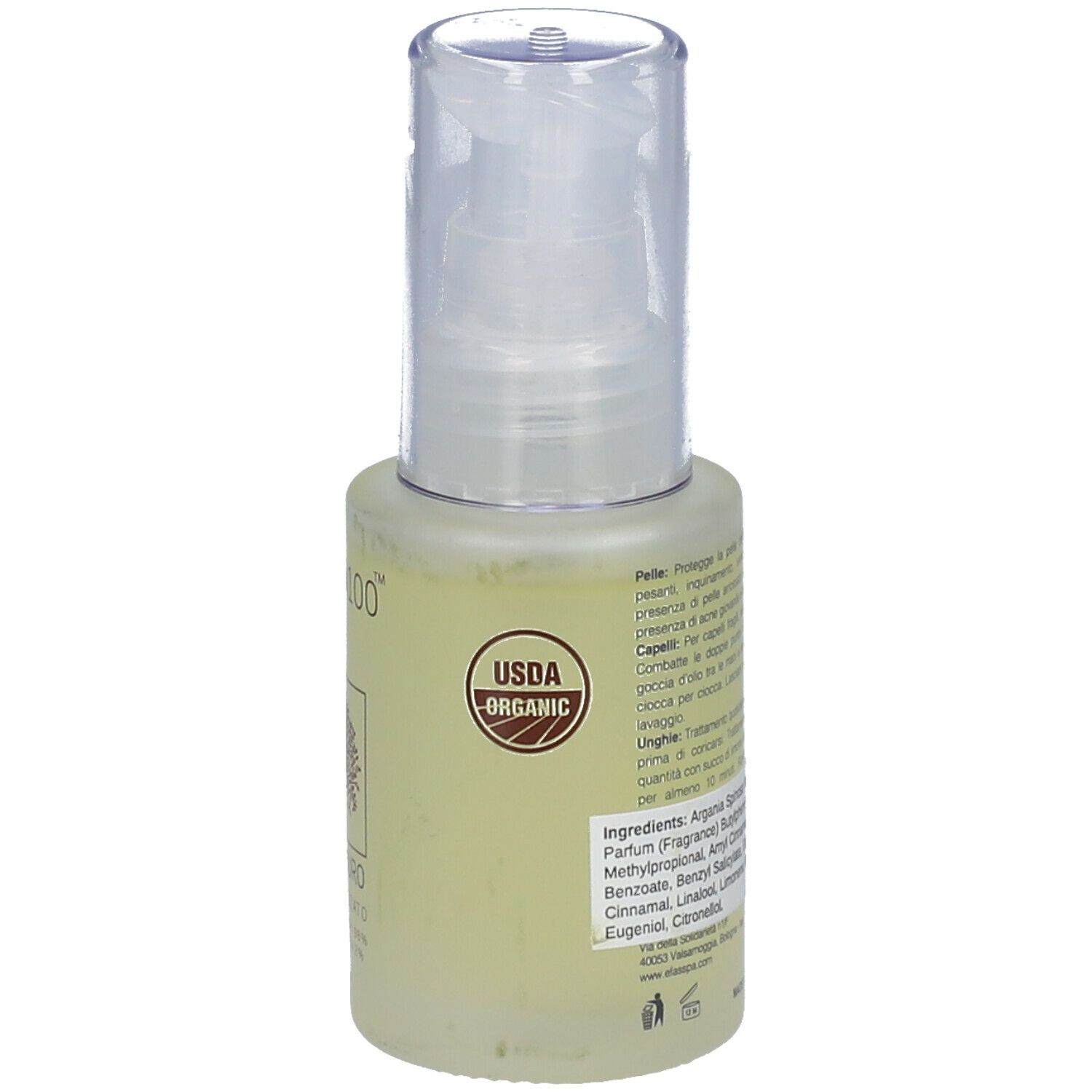 Retro del flacone. Etichetta con testo. Scritta ARGAN100™. Sigillo USDA Organic. Ingredienti. Erogatore trasparente.