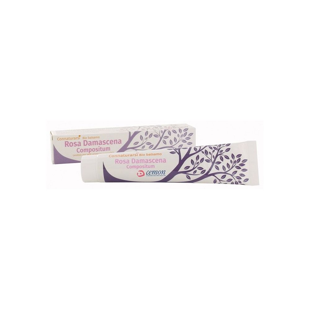 Tubo e scatola di crema. Scritta: Rosa Damascena Compositum. Marchio: Cemon. Viola e bianco.