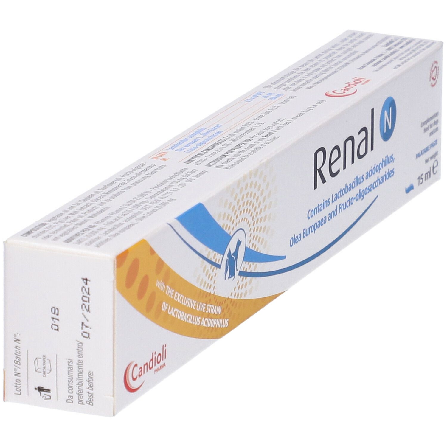 Confezione Renal N. Contiene Lactobacillus acidophilus, olio d'oliva e frutto-oligosaccaridi. 15 ml.