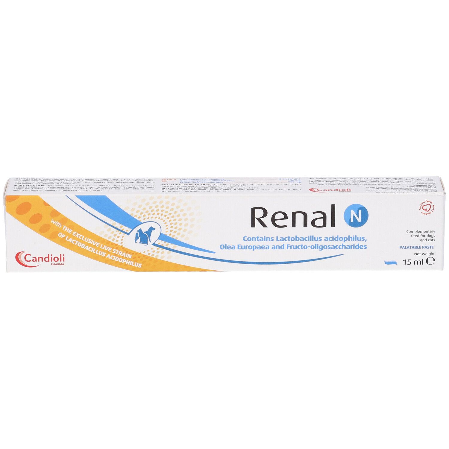 Confezione Renal N. Contiene Lactobacillus acidophilus, olio d'oliva e frutto-oligosaccaridi. 15 ml.
