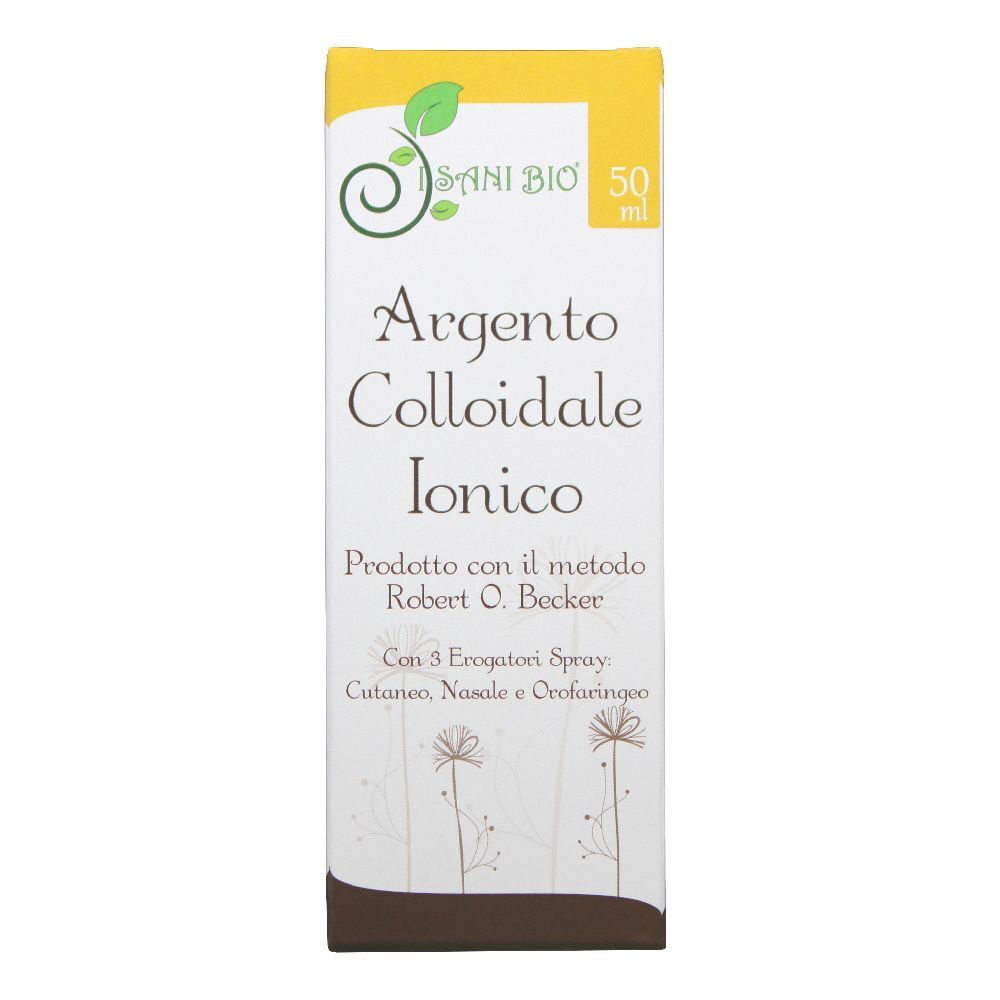Scatola con testo del prodotto. Argento Colloidale Ionico, 50 ml. Con 3 spray. Marchio Sani Bio.