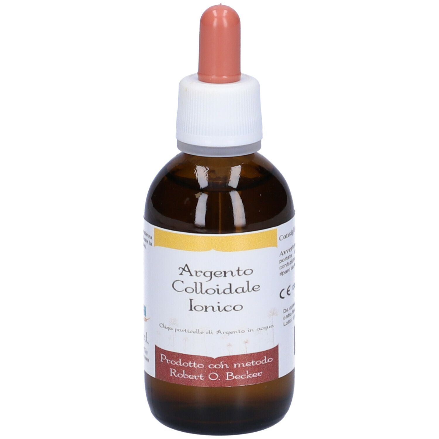 Flacone di vetro marrone con contagocce. Argento Colloidale Ionico. Prodotto con metodo Robert O. Becker.
