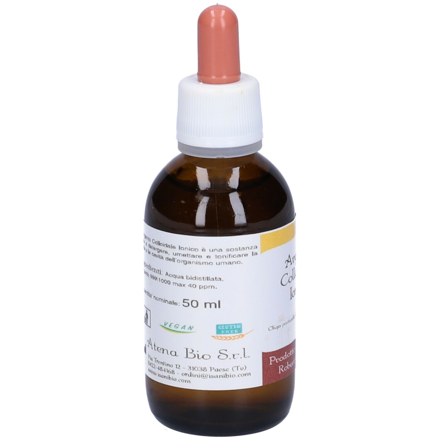 Flacone di vetro marrone con contagocce. Argento Colloidale Ionico. 50 ml. Marchio Atena Bio S.r.l.