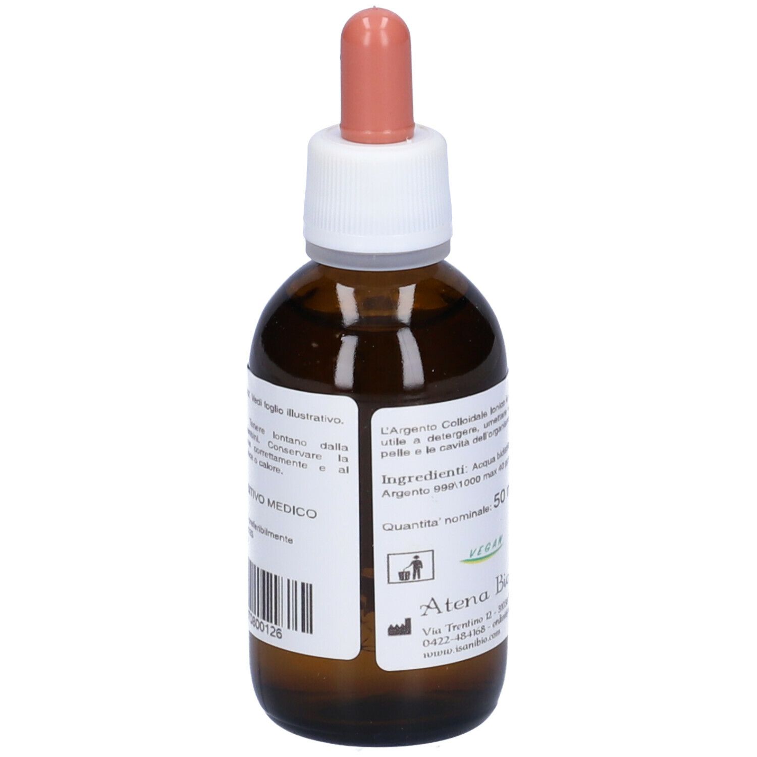 Flacone di vetro marrone con contagocce. Argento Colloidale Ionico. 50 ml. Marchio Atena Bio S.r.l.