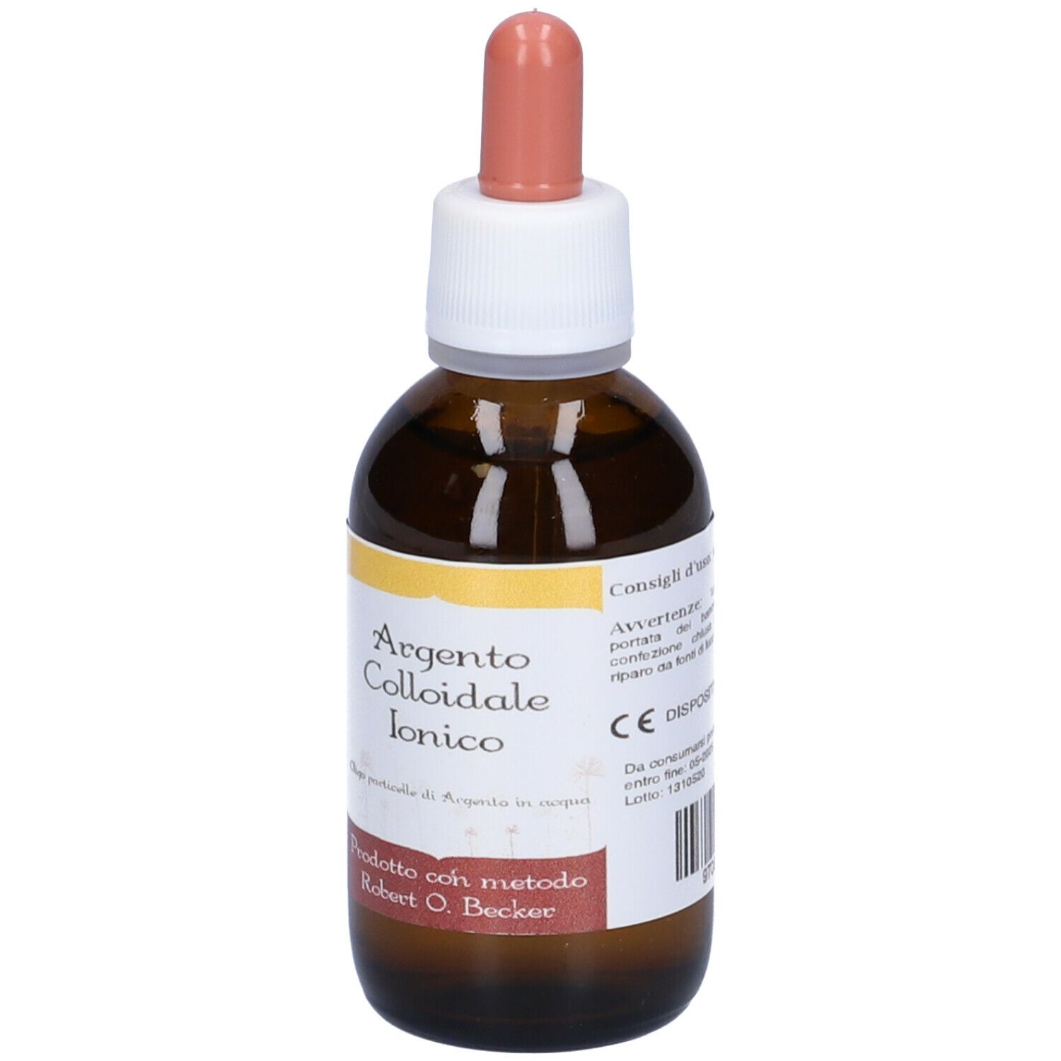 Flacone di vetro marrone con contagocce. Argento Colloidale Ionico. Prodotto con metodo Robert O. Becker.