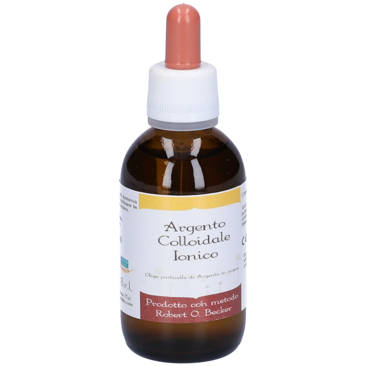 Flacone di vetro marrone con contagocce. Argento Colloidale Ionico. Prodotto con metodo Robert O. Becker.